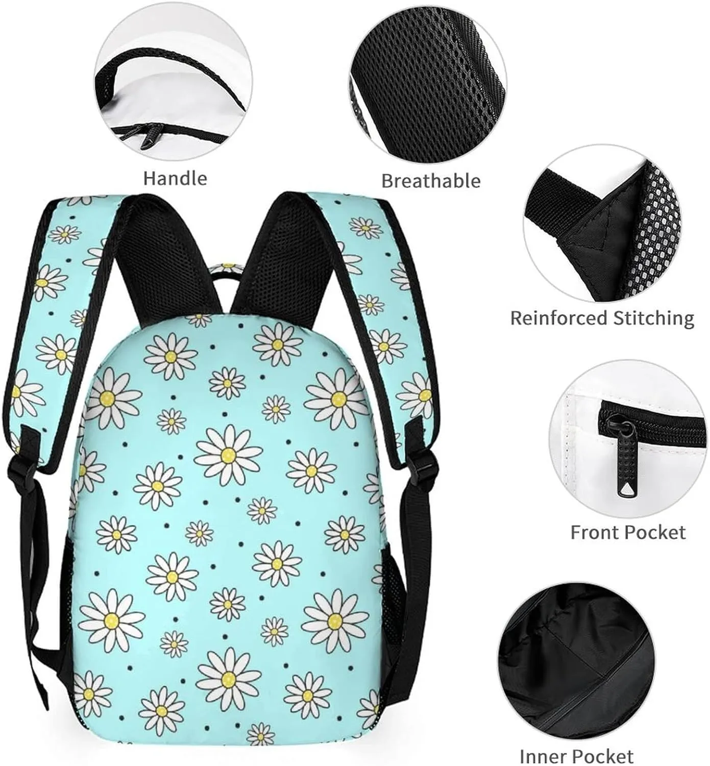 Daisy Backpack with Lunch Box & Pencil Case for Kids Girls Boys School, 16 Inch Cute daisies Bookbag, School Backpack for Students Children, Lightweight, Large Capacity