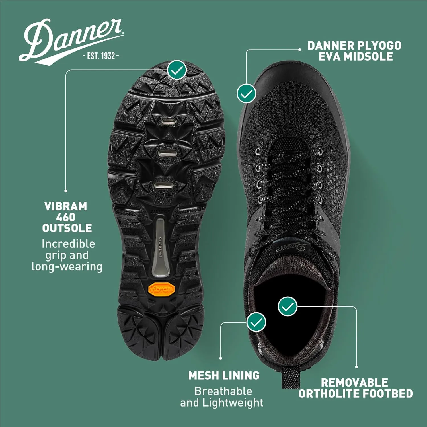 Danner Trail 2650 Hiking Shoes for Men - Durable Suede, Lightweight Textile with Breathable Mesh Lining, Ortholite Footbed & Vibram Traction Outsole