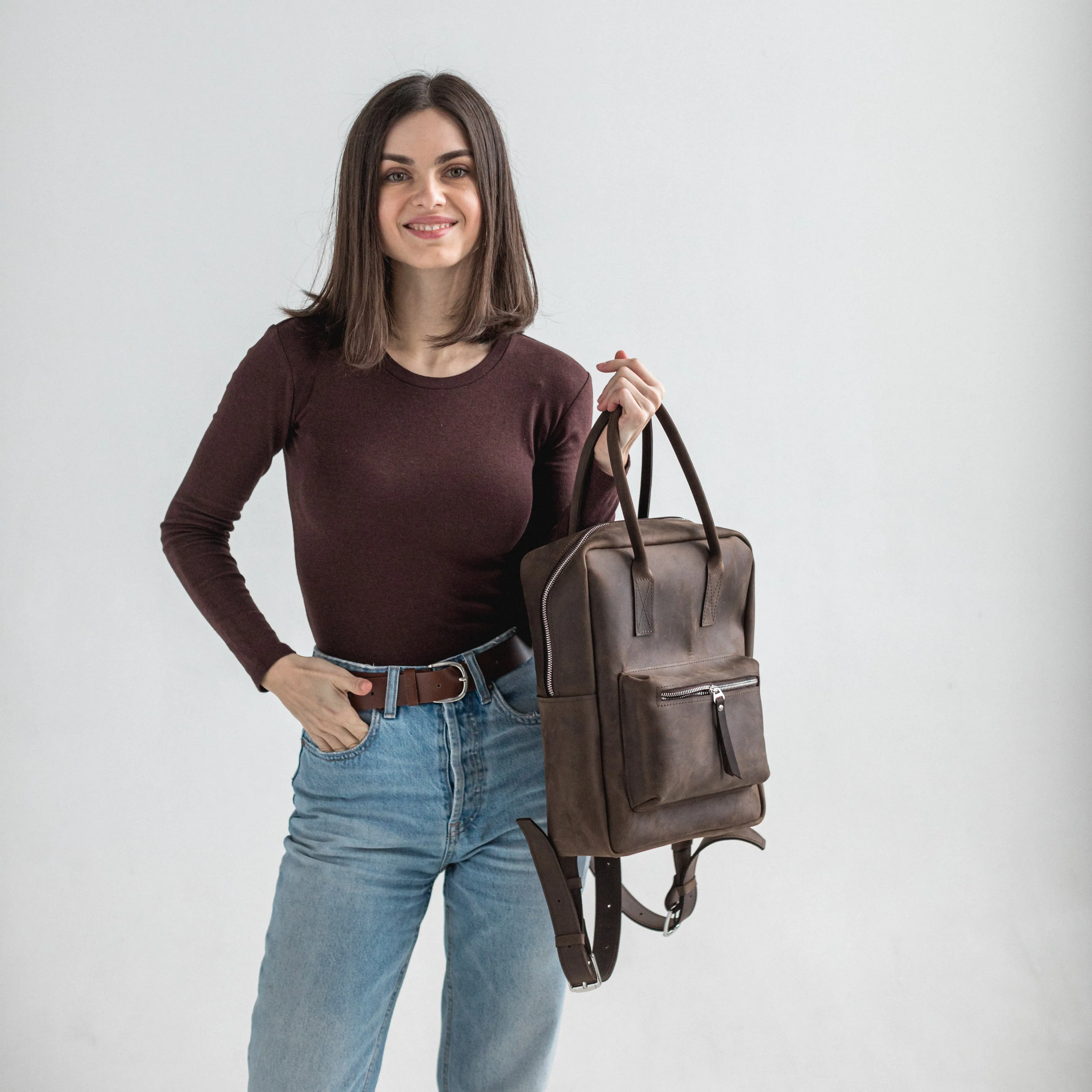 Dark brown leather city backpack