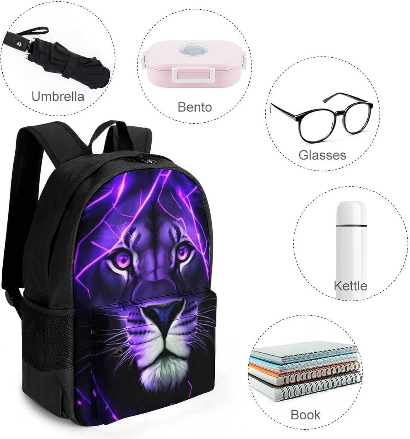 Daypack Backpack Anti-Theft Multipurpose Big Capacity Bookbag - Lion King Purple Lighting Art Business Computer Bag With Side Pockets