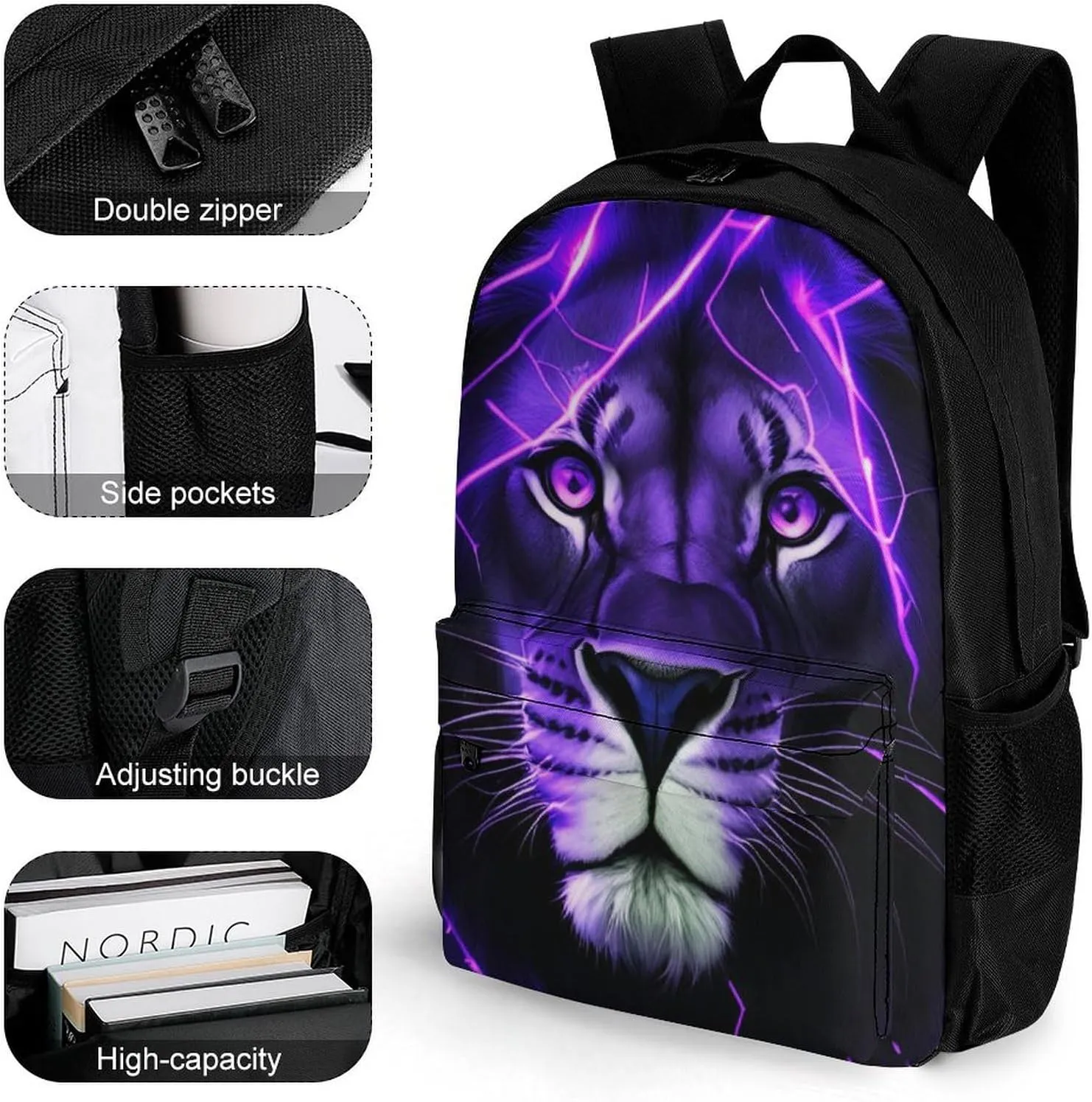 Daypack Backpack Anti-Theft Multipurpose Big Capacity Bookbag - Lion King Purple Lighting Art Business Computer Bag With Side Pockets