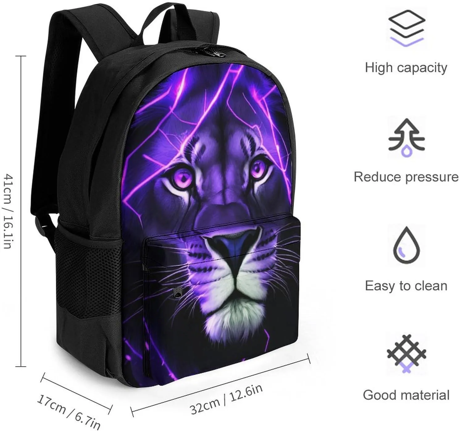 Daypack Backpack Anti-Theft Multipurpose Big Capacity Bookbag - Lion King Purple Lighting Art Business Computer Bag With Side Pockets