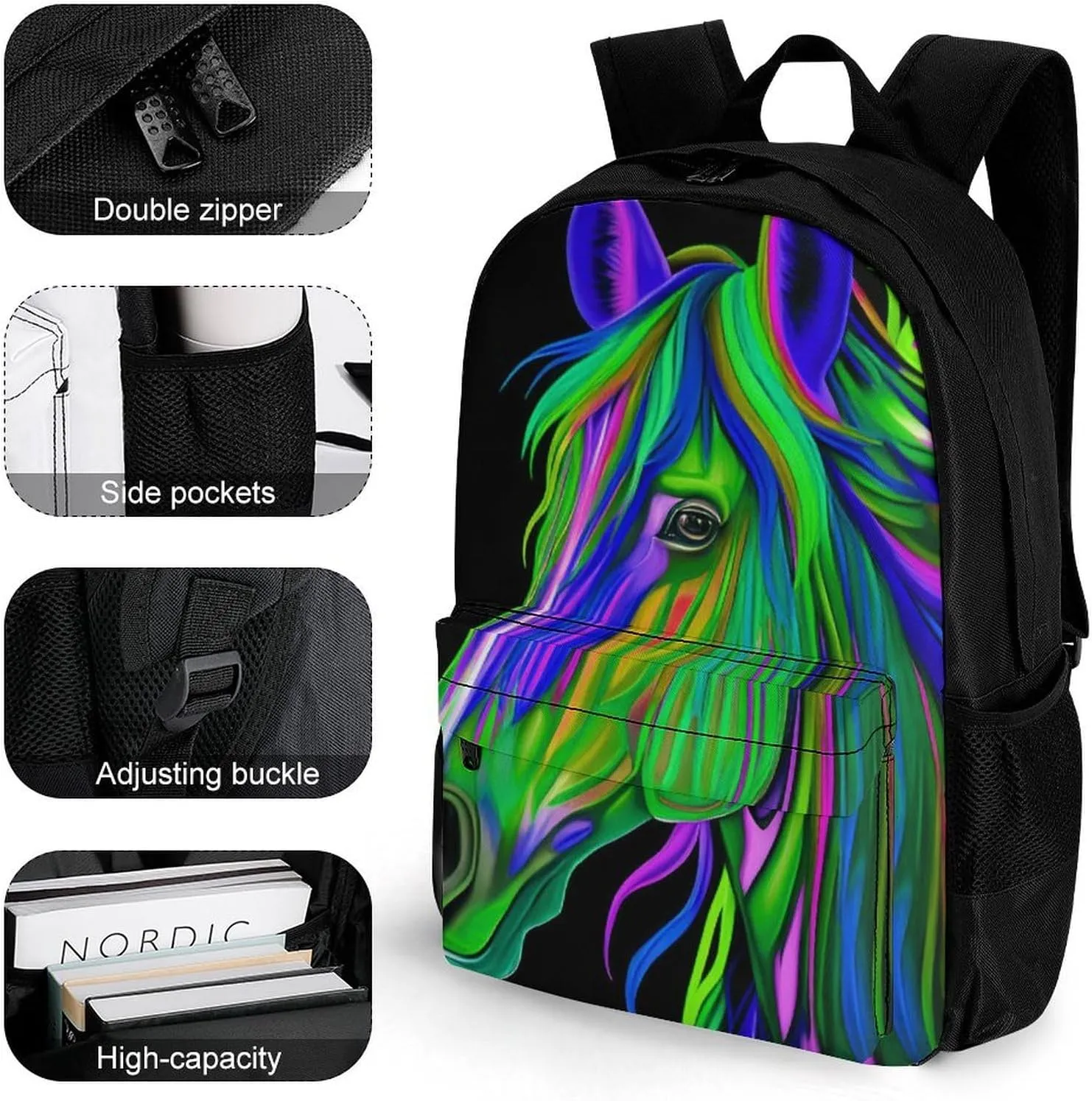 Daypack Backpack Anti-Theft Multipurpose Big Capacity Bookbag - Rainbow Wild Horse Head Art Business Computer Bag With Side Pockets