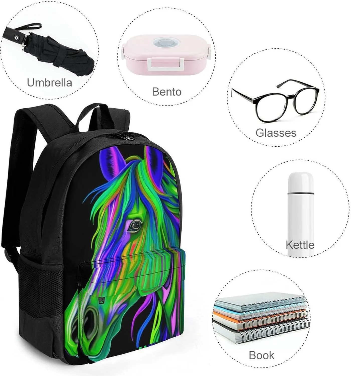 Daypack Backpack Anti-Theft Multipurpose Big Capacity Bookbag - Rainbow Wild Horse Head Art Business Computer Bag With Side Pockets