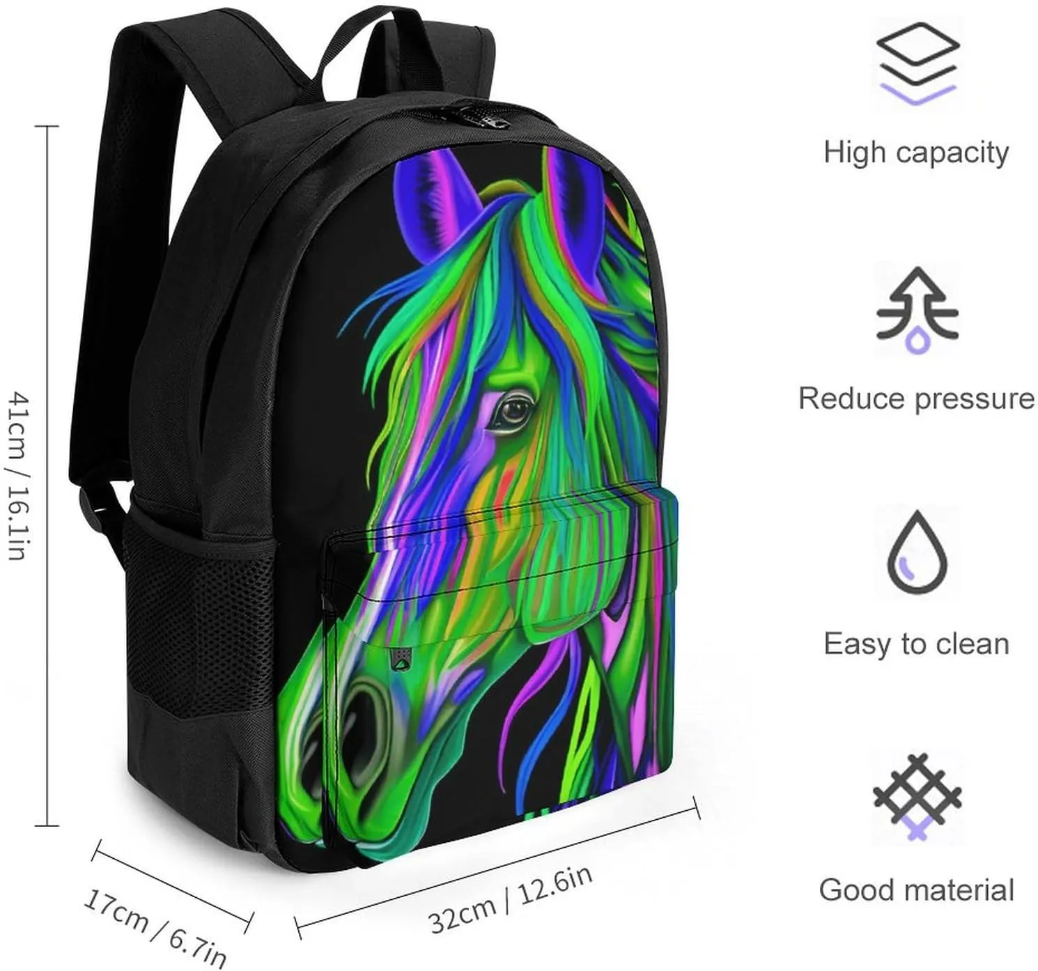 Daypack Backpack Anti-Theft Multipurpose Big Capacity Bookbag - Rainbow Wild Horse Head Art Business Computer Bag With Side Pockets