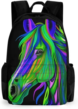 Daypack Backpack Anti-Theft Multipurpose Big Capacity Bookbag - Rainbow Wild Horse Head Art Business Computer Bag With Side Pockets