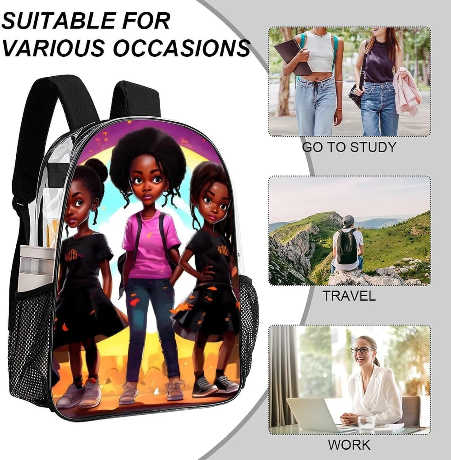 Daypack Bookbag Anti-Theft Multipurpose Large Capacity Bookbag - African American Black Women Women Art Travel Hiking & Camping Rucksack Transparent Bag
