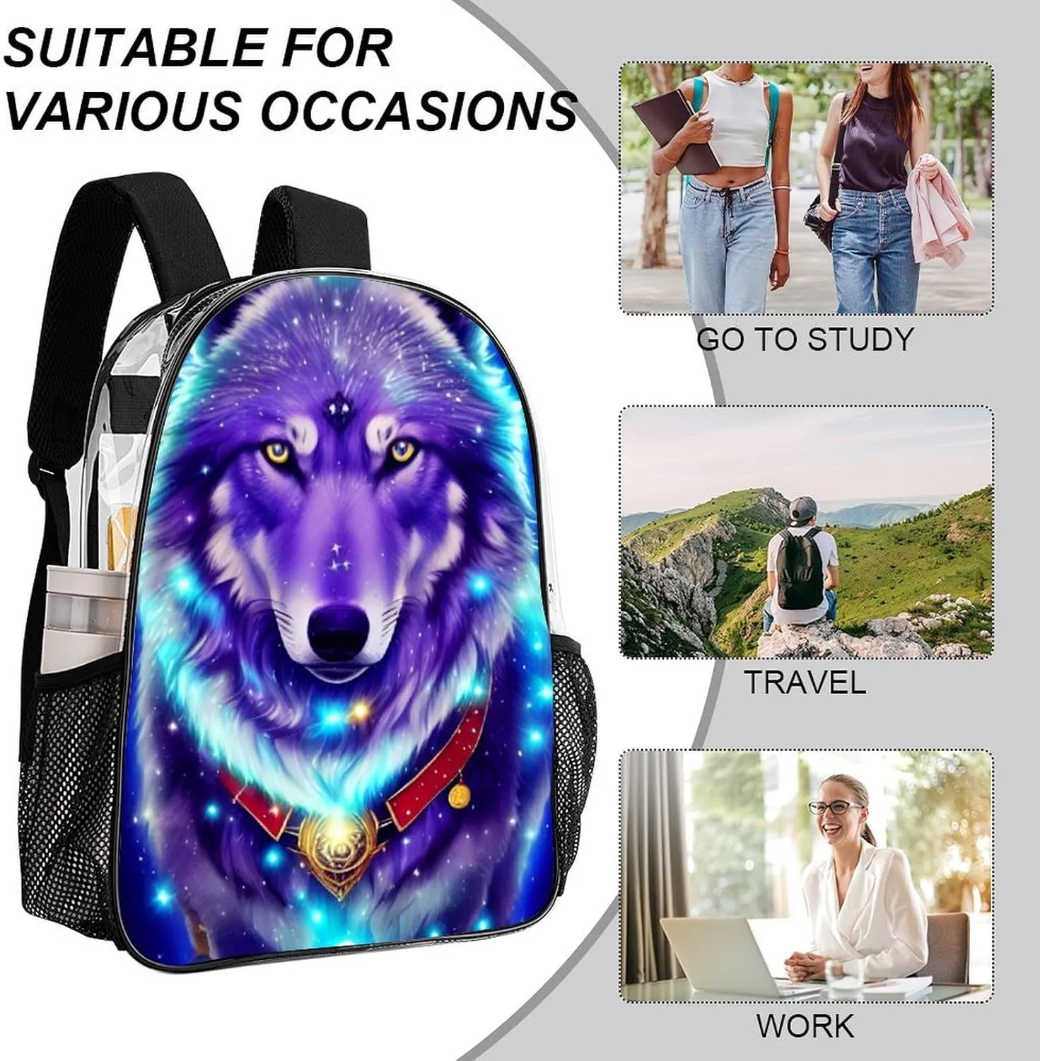 Daypack Bookbag Multipurpose Anti-Theft Big Capacity Carry On Bag - Blue Universe Galaxy Magic Wolf In The Space Art Travel Hiking & Camping Rucksack Transparent Bag