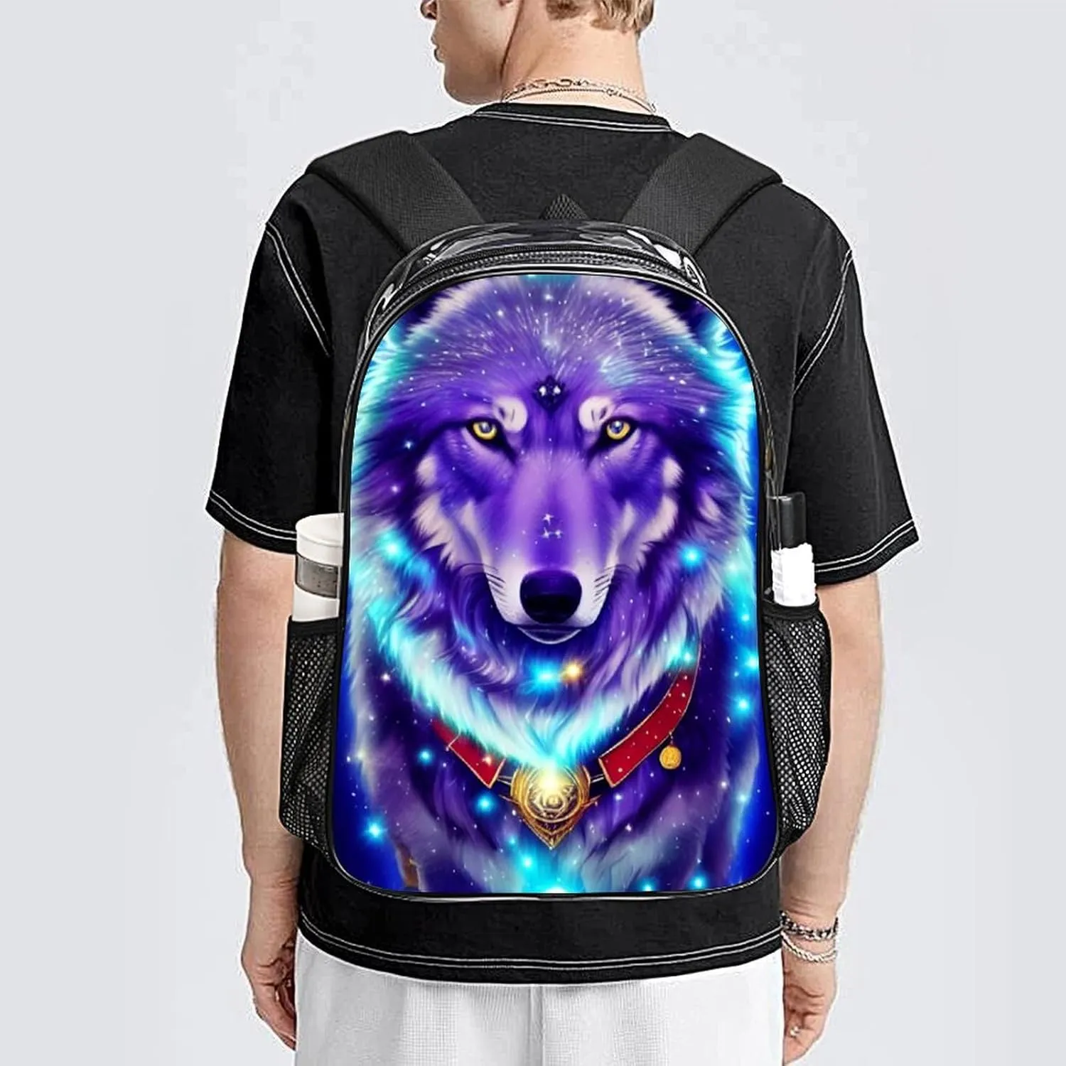 Daypack Bookbag Multipurpose Anti-Theft Big Capacity Carry On Bag - Blue Universe Galaxy Magic Wolf In The Space Art Travel Hiking & Camping Rucksack Transparent Bag