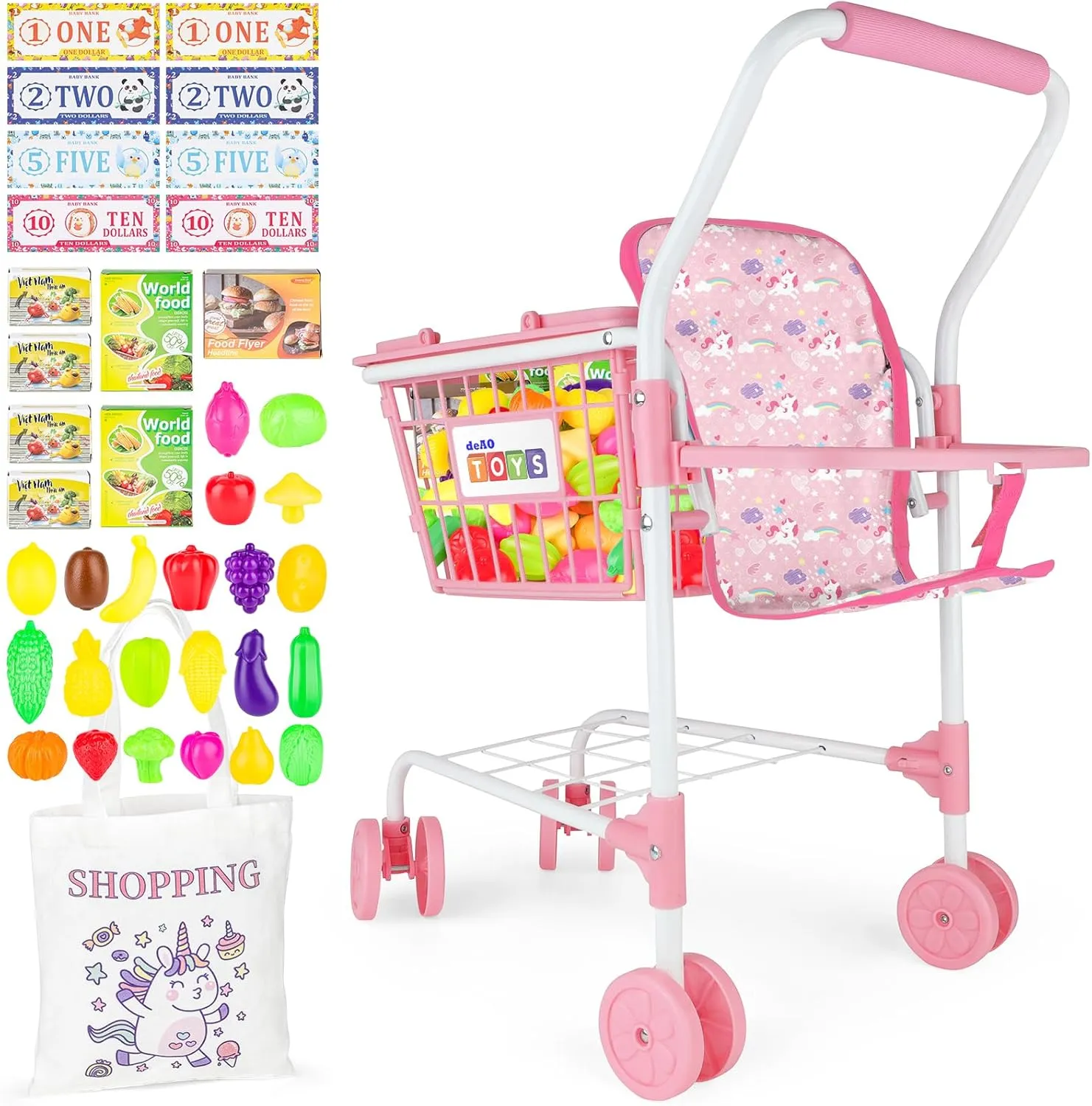 deAO Kids Shopping Cart Play Set,Pretend Food and Shop Accessories, 2 in 1 Kids Grocery Trolley with Front Doll Seat Carrier(Doll not Included)