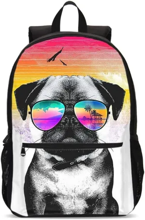 Delerain 3D Pug School Backpack Lightweight Travel Daypack Shoulder Bag 17 Inch Plus Laptop Bag Book bag for 1-6th Grade Teens Boys Girls