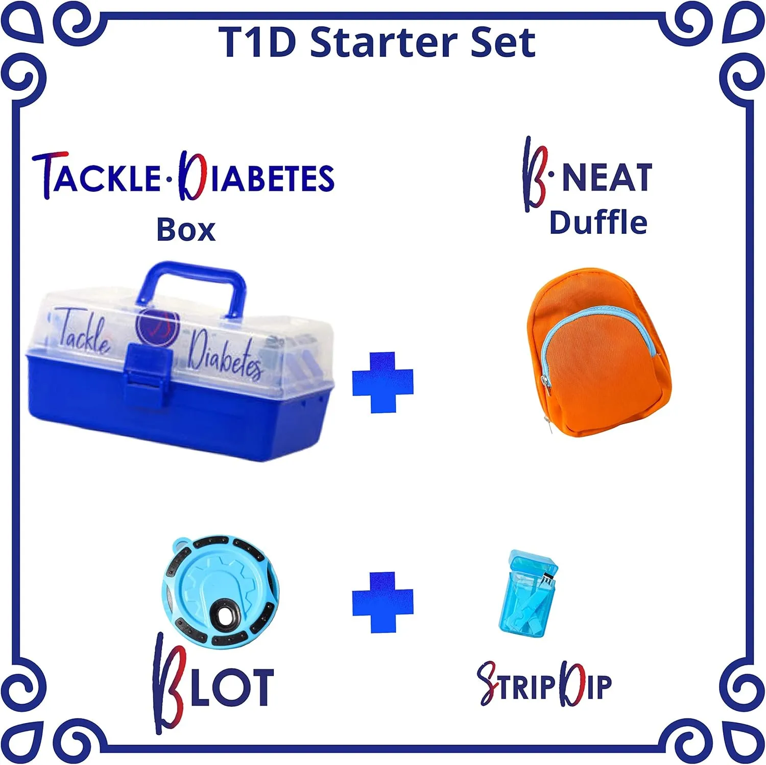 Diabetic Travel Case Tackle Diabetes Box T1D Starter Set - Designed to Hold All T1D Tools Plus - Comes with Strip Drip, Light Blue Blot and Mini Backpack - Sizing: 11 x 6 x 5.5 inches