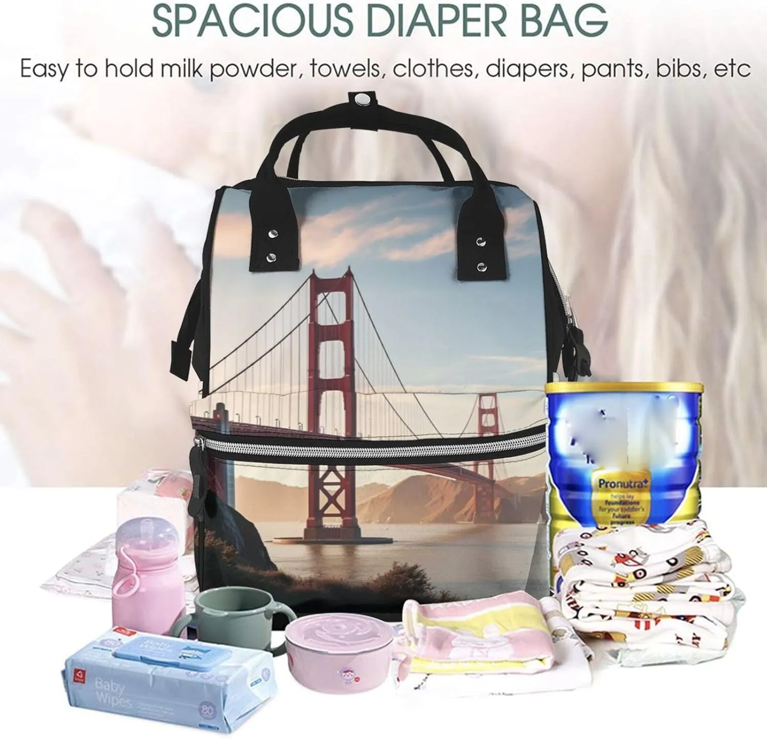 Diaper Bag Nappy Backpack Baby Bag Abstract Music Themed Mummy Backpack Multifunction Changing Bags for Travel, Golden Gate Bridge, One Size