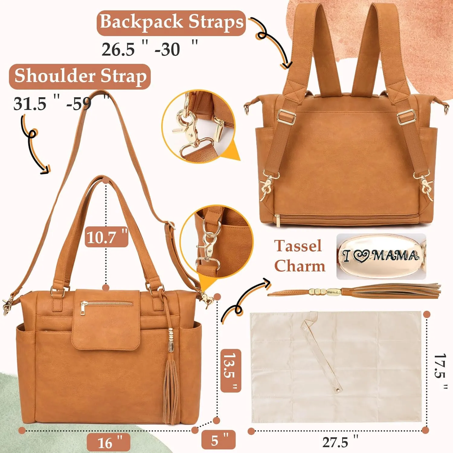 Diaper Bag Tote Leather Diaper Backpack Large Baby Bag 14 Diaper Bag Organizing Pouches,Changing Pad,Crossbody Strap,4 Insulated Pockets,Honey