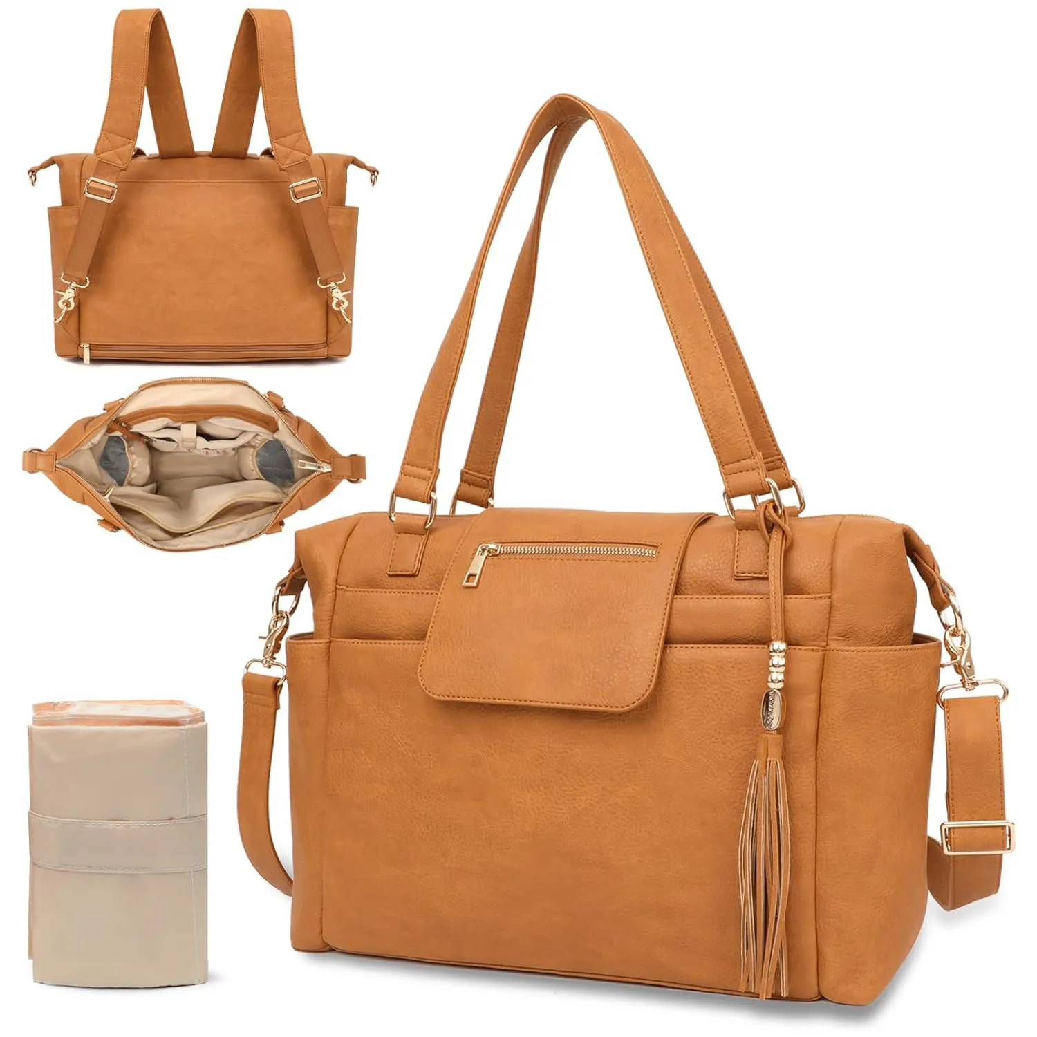 Diaper Bag Tote Leather Diaper Backpack Large Baby Bag 14 Diaper Bag Organizing Pouches,Changing Pad,Crossbody Strap,4 Insulated Pockets,Honey