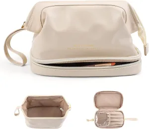 DOJUNS Cosmetic Travel Bag, Double Layer Large Makeup Organizer Leather Waterproof Toiletry Bag for Women Girls (White)