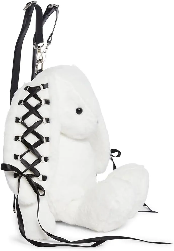 Dolls Kill Cuddly Bunny Plush Backpack by Current Mood – White, Faux Fur Backpack with Lace-Up Ribbon Ears, One Size