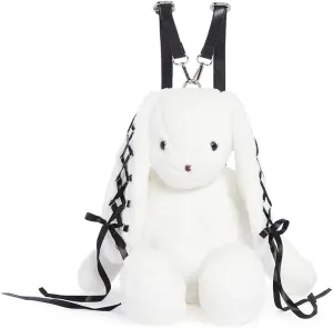 Dolls Kill Cuddly Bunny Plush Backpack by Current Mood – White, Faux Fur Backpack with Lace-Up Ribbon Ears, One Size