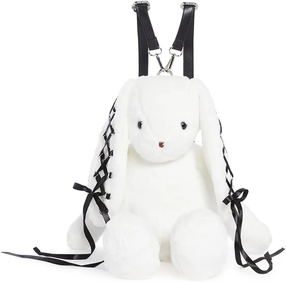 Dolls Kill Cuddly Bunny Plush Backpack by Current Mood – White, Faux Fur Backpack with Lace-Up Ribbon Ears, One Size