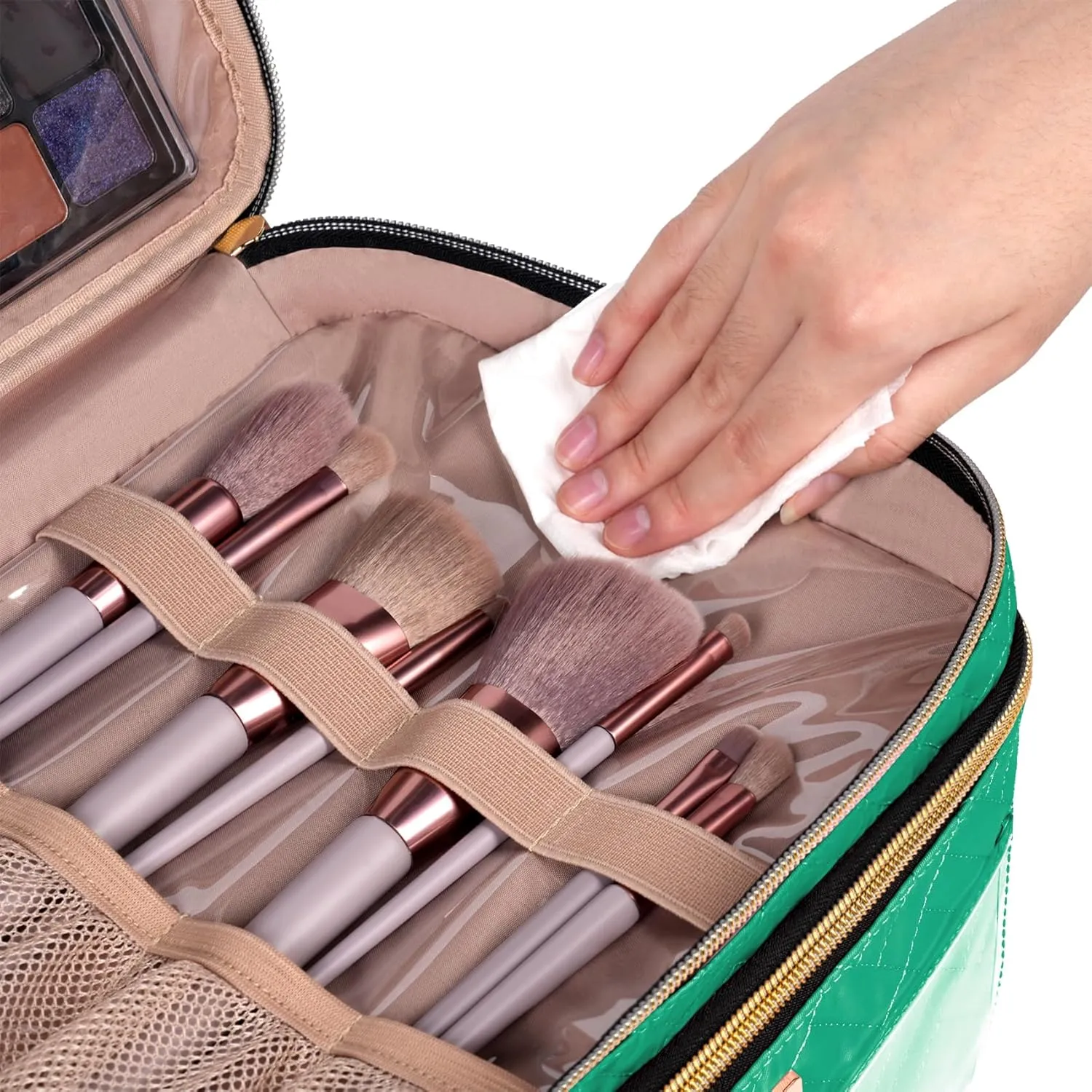 Double Layer Travel Makeup Bag Women, Large Cosmetic Case, Organizer for Travel-Size Accessories Bottles, Brushes, and Skin Care Products (Green, Double-Layer)