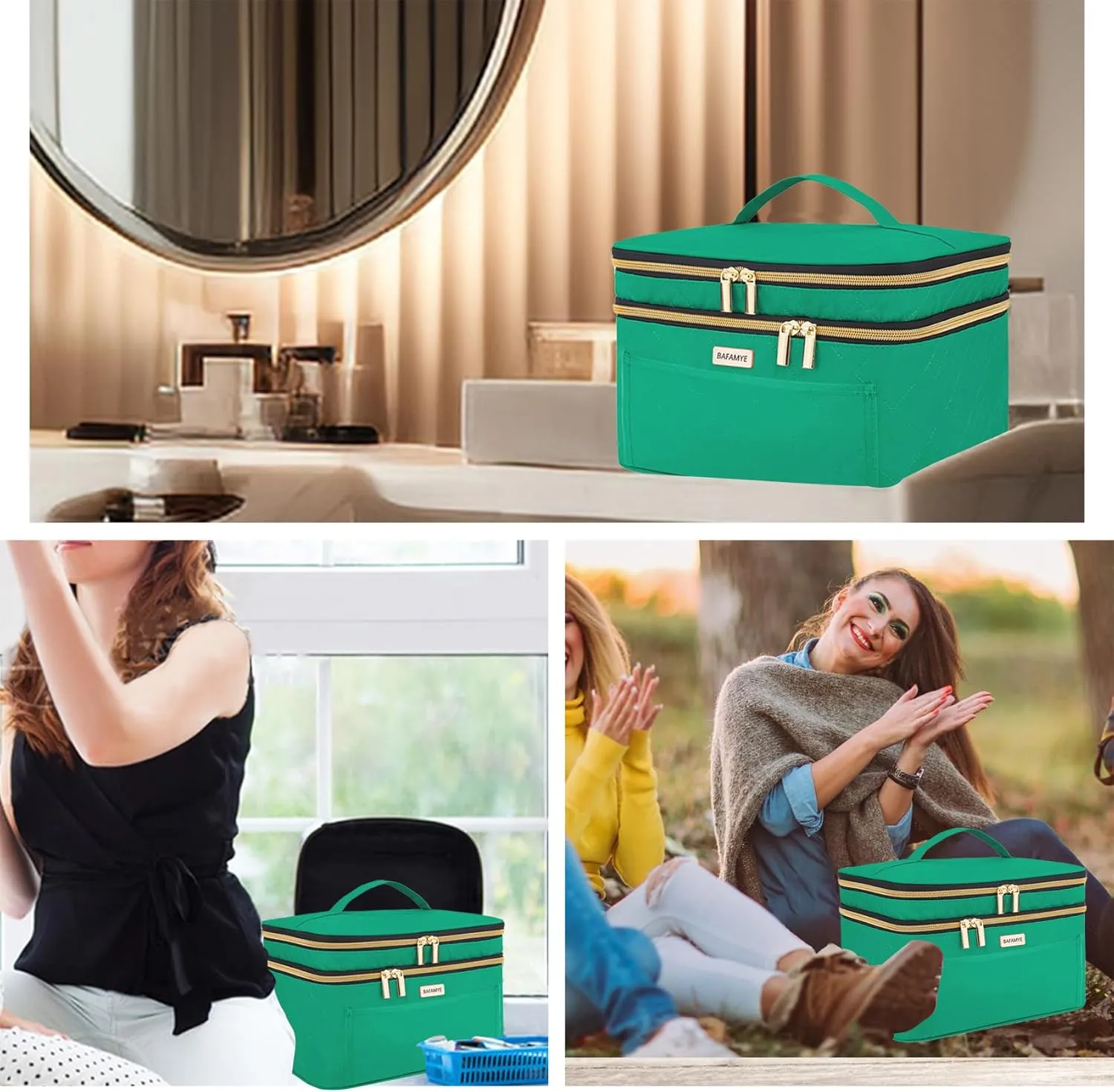Double Layer Travel Makeup Bag Women, Large Cosmetic Case, Organizer for Travel-Size Accessories Bottles, Brushes, and Skin Care Products (Green, Double-Layer)