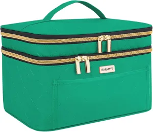 Double Layer Travel Makeup Bag Women, Large Cosmetic Case, Organizer for Travel-Size Accessories Bottles, Brushes, and Skin Care Products (Green, Double-Layer)