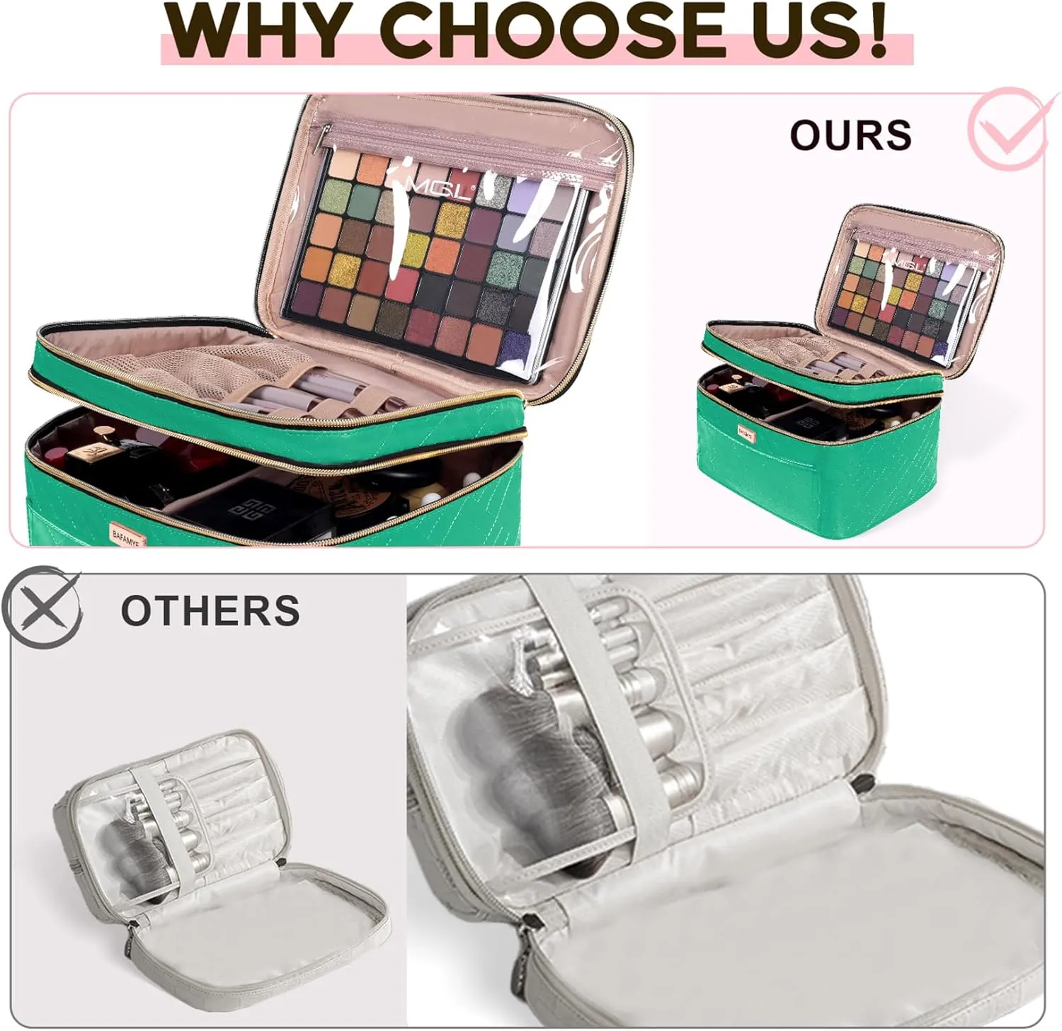 Double Layer Travel Makeup Bag Women, Large Cosmetic Case, Organizer for Travel-Size Accessories Bottles, Brushes, and Skin Care Products (Green, Double-Layer)
