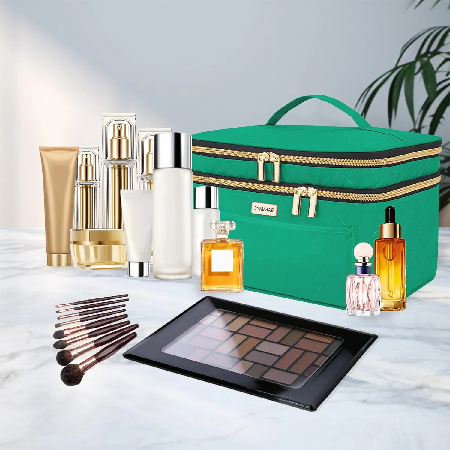 Double Layer Travel Makeup Bag Women, Large Cosmetic Case, Organizer for Travel-Size Accessories Bottles, Brushes, and Skin Care Products (Green, Double-Layer)