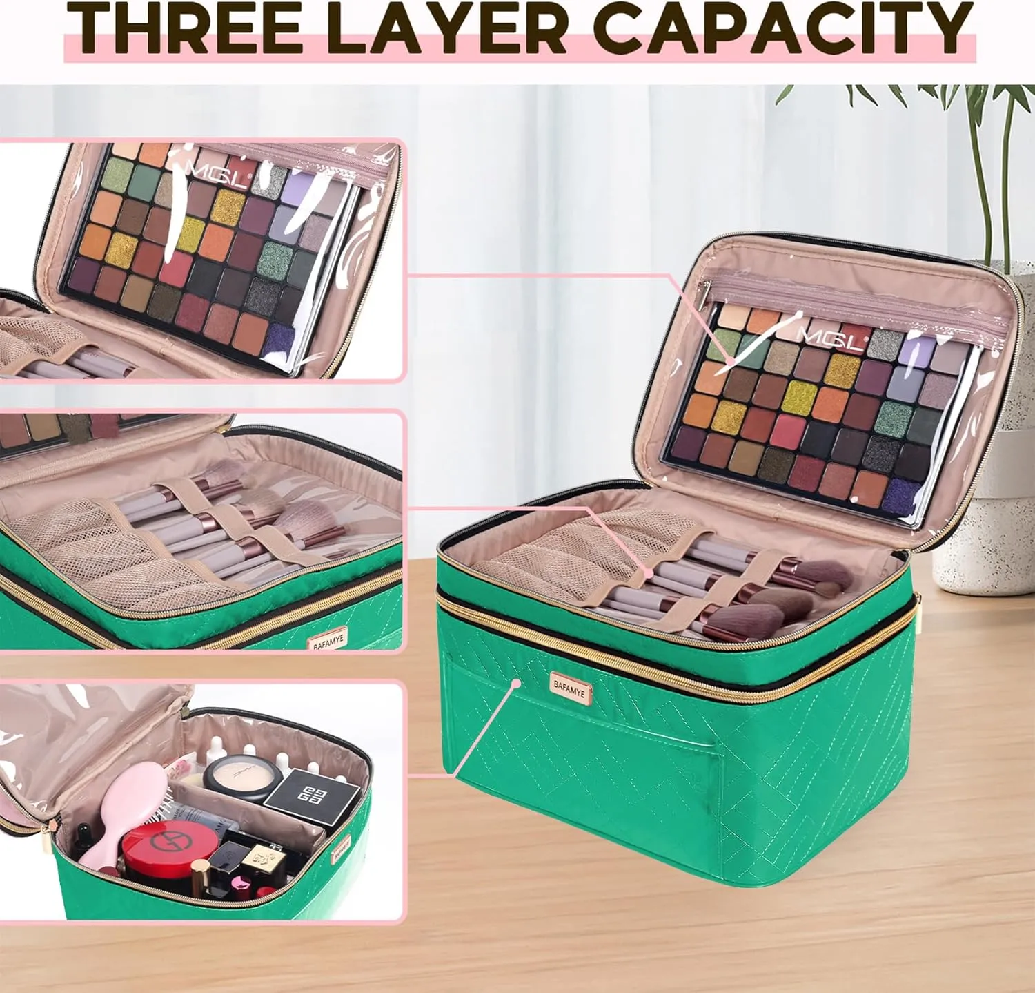 Double Layer Travel Makeup Bag Women, Large Cosmetic Case, Organizer for Travel-Size Accessories Bottles, Brushes, and Skin Care Products (Green, Double-Layer)
