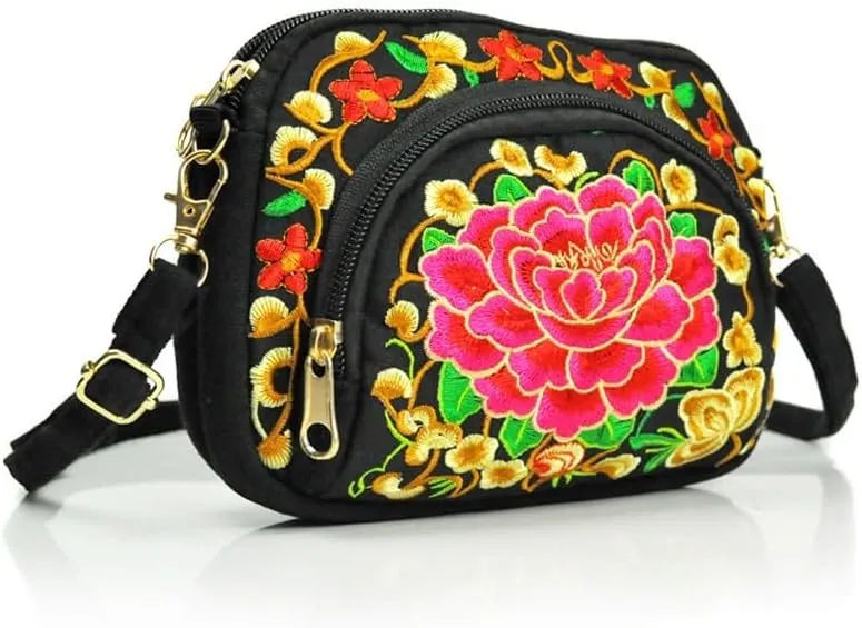 Double-Sided Embroidery Canvas Mini Crossbody Bag for Women - Ethnic Style Wallet & Mobile Phone Purse