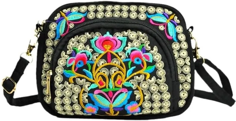 Double-Sided Embroidery Canvas Mini Crossbody Bag for Women - Ethnic Style Wallet & Mobile Phone Purse