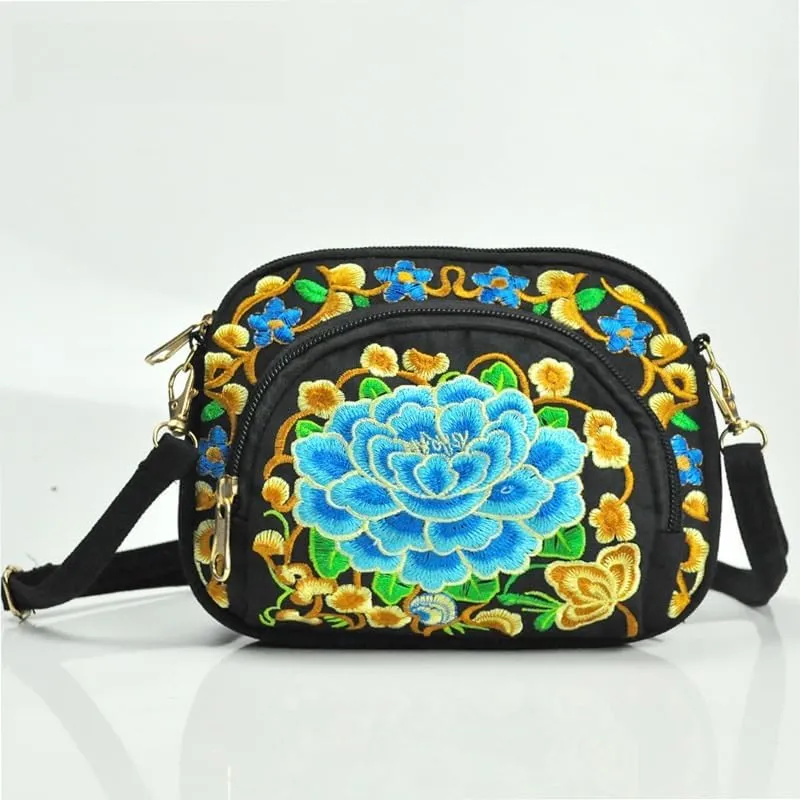 Double-Sided Embroidery Canvas Mini Crossbody Bag for Women - Ethnic Style Wallet & Mobile Phone Purse