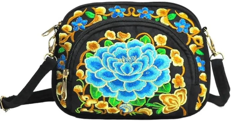 Double-Sided Embroidery Canvas Mini Crossbody Bag for Women - Ethnic Style Wallet & Mobile Phone Purse