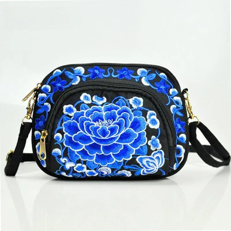 Double-Sided Embroidery Canvas Mini Crossbody Bag for Women - Ethnic Style Wallet & Mobile Phone Purse
