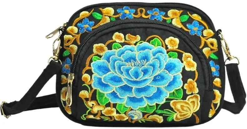 Double-Sided Embroidery Canvas Mini Crossbody Bag for Women - Ethnic Style Wallet & Mobile Phone Purse