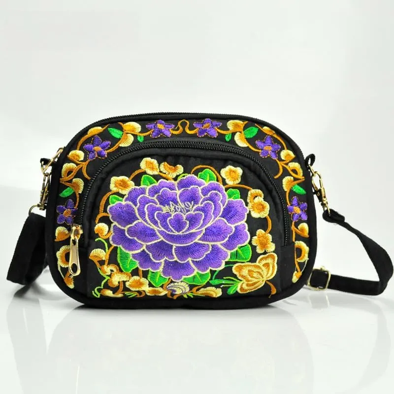 Double-Sided Embroidery Canvas Mini Crossbody Bag for Women - Ethnic Style Wallet & Mobile Phone Purse