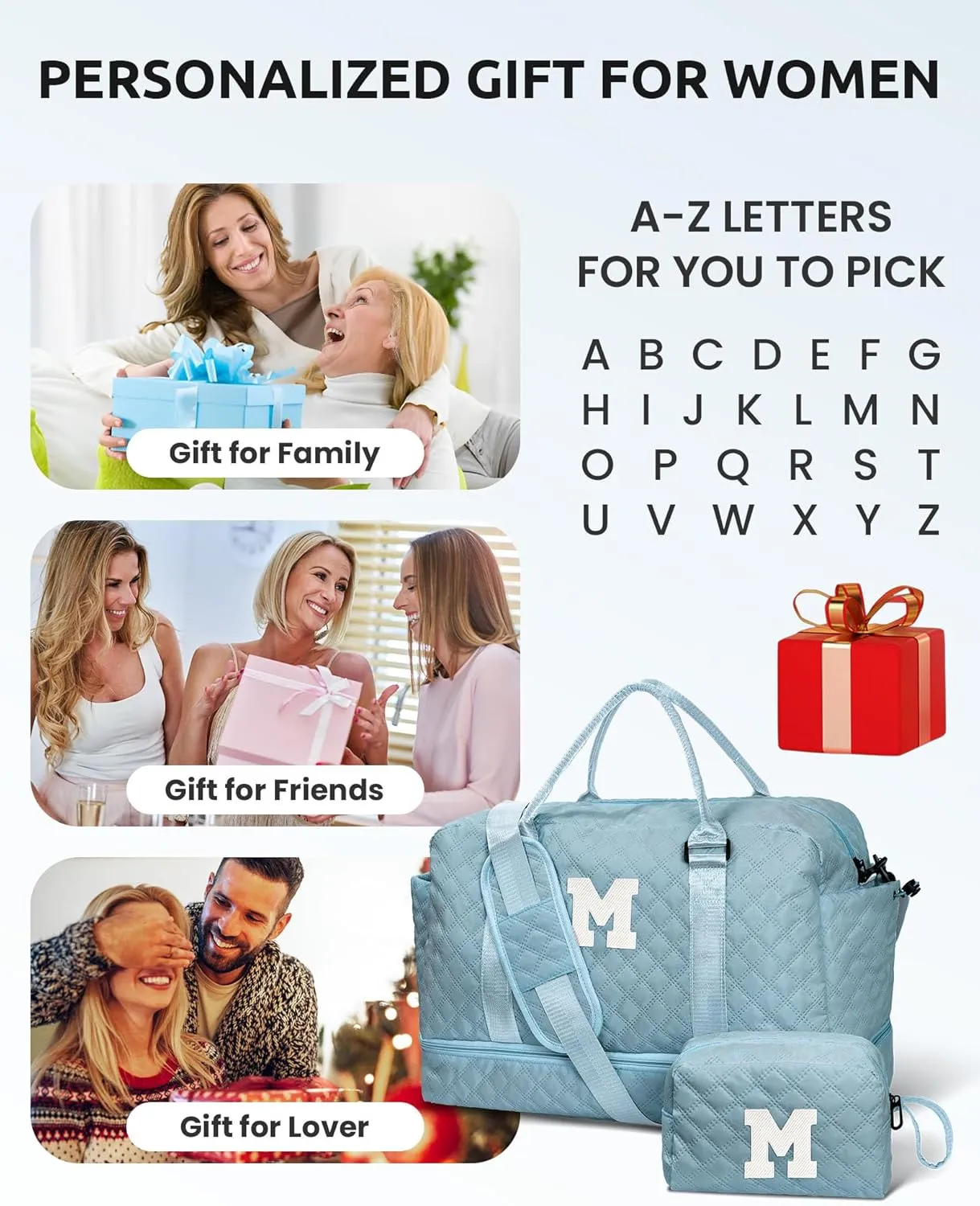 Duffle Bag for Women - Personalized Weekender with Shoulder Strap for Overnight Trips, Water-Resistant Pocket for Makeup, Travel Bag Gift for Sister or Friend