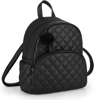 ECOSUSI Mini Backpack for Women Leather Small Backpack Purse for Ladies Cute Pom Bookbag Travel Shoulder Bag with Charm Tassel Black