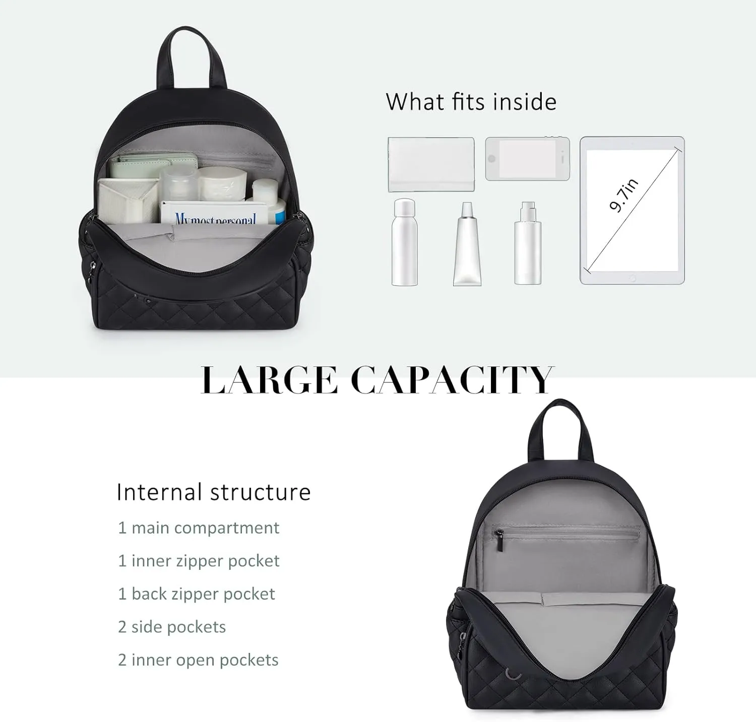 ECOSUSI Mini Backpack for Women Leather Small Backpack Purse for Ladies Cute Pom Bookbag Travel Shoulder Bag with Charm Tassel Black