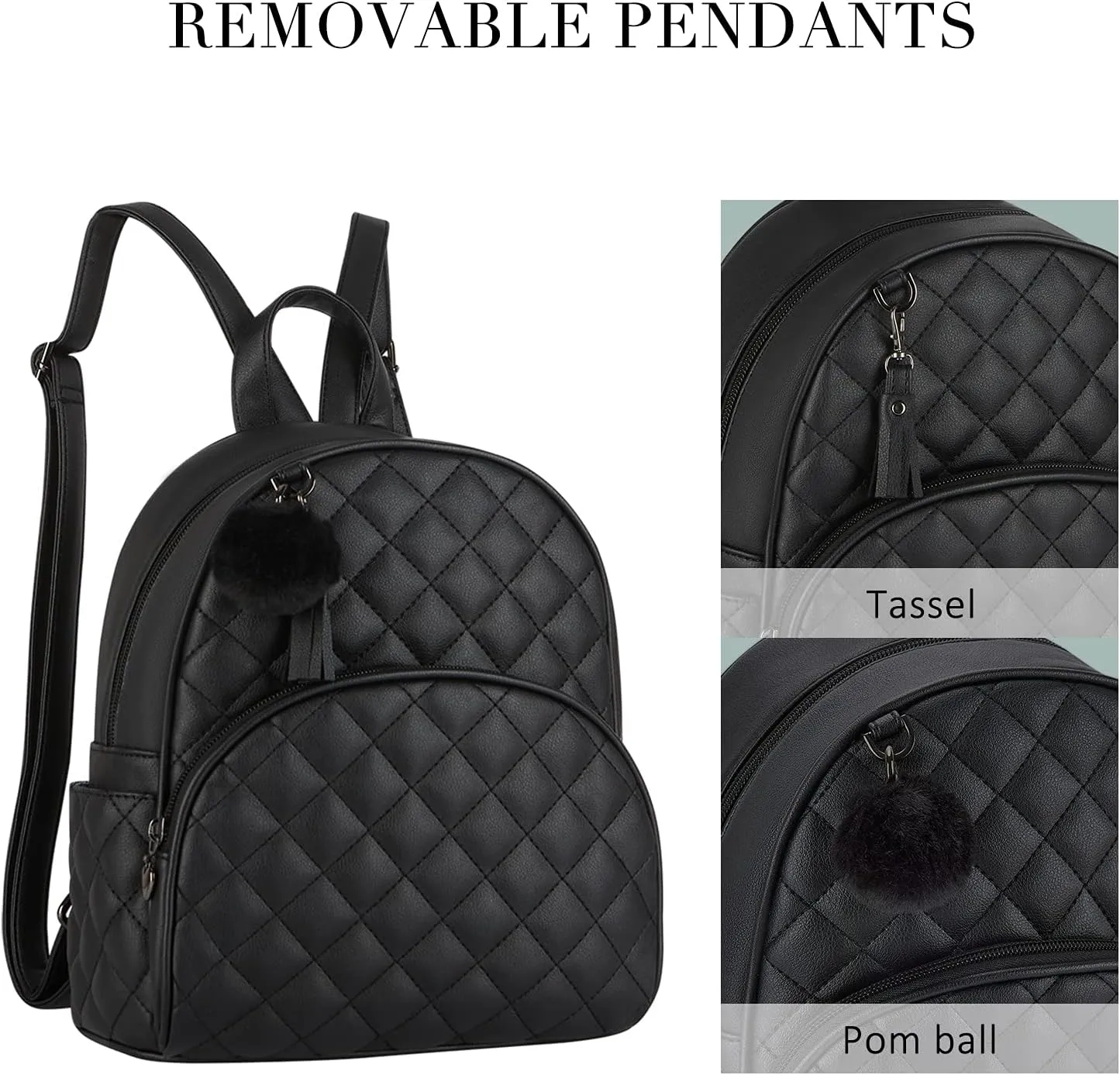 ECOSUSI Mini Backpack for Women Leather Small Backpack Purse for Ladies Cute Pom Bookbag Travel Shoulder Bag with Charm Tassel Black
