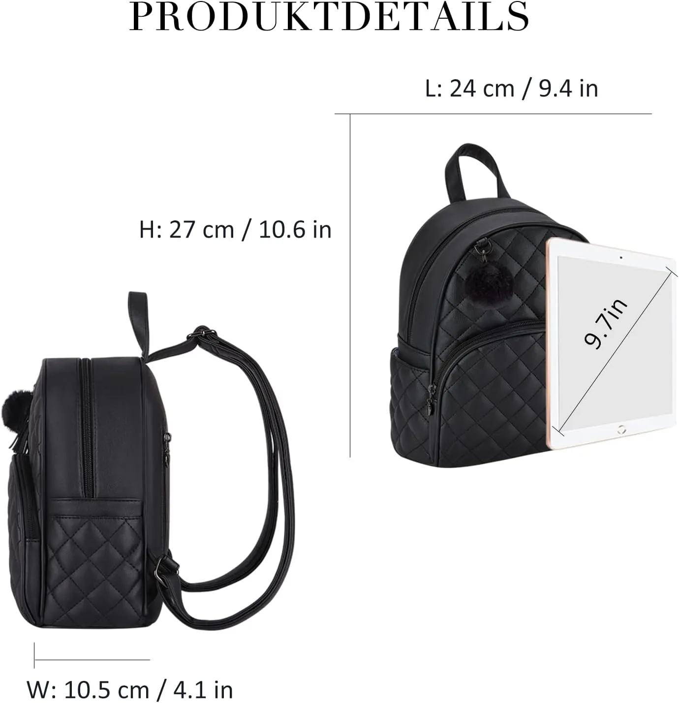 ECOSUSI Mini Backpack for Women Leather Small Backpack Purse for Ladies Cute Pom Bookbag Travel Shoulder Bag with Charm Tassel Black