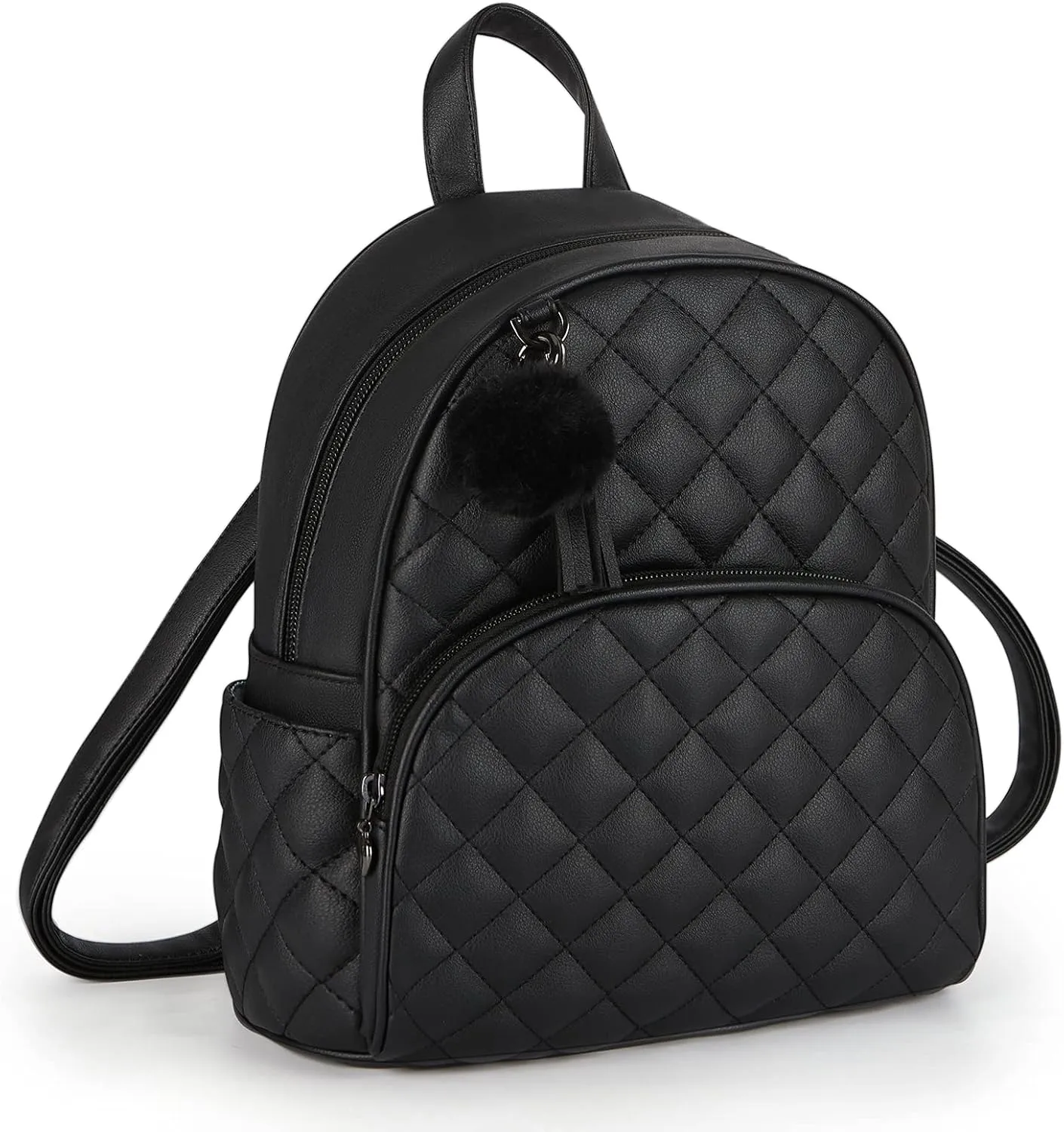 ECOSUSI Mini Backpack for Women Leather Small Backpack Purse for Ladies Cute Pom Bookbag Travel Shoulder Bag with Charm Tassel Black