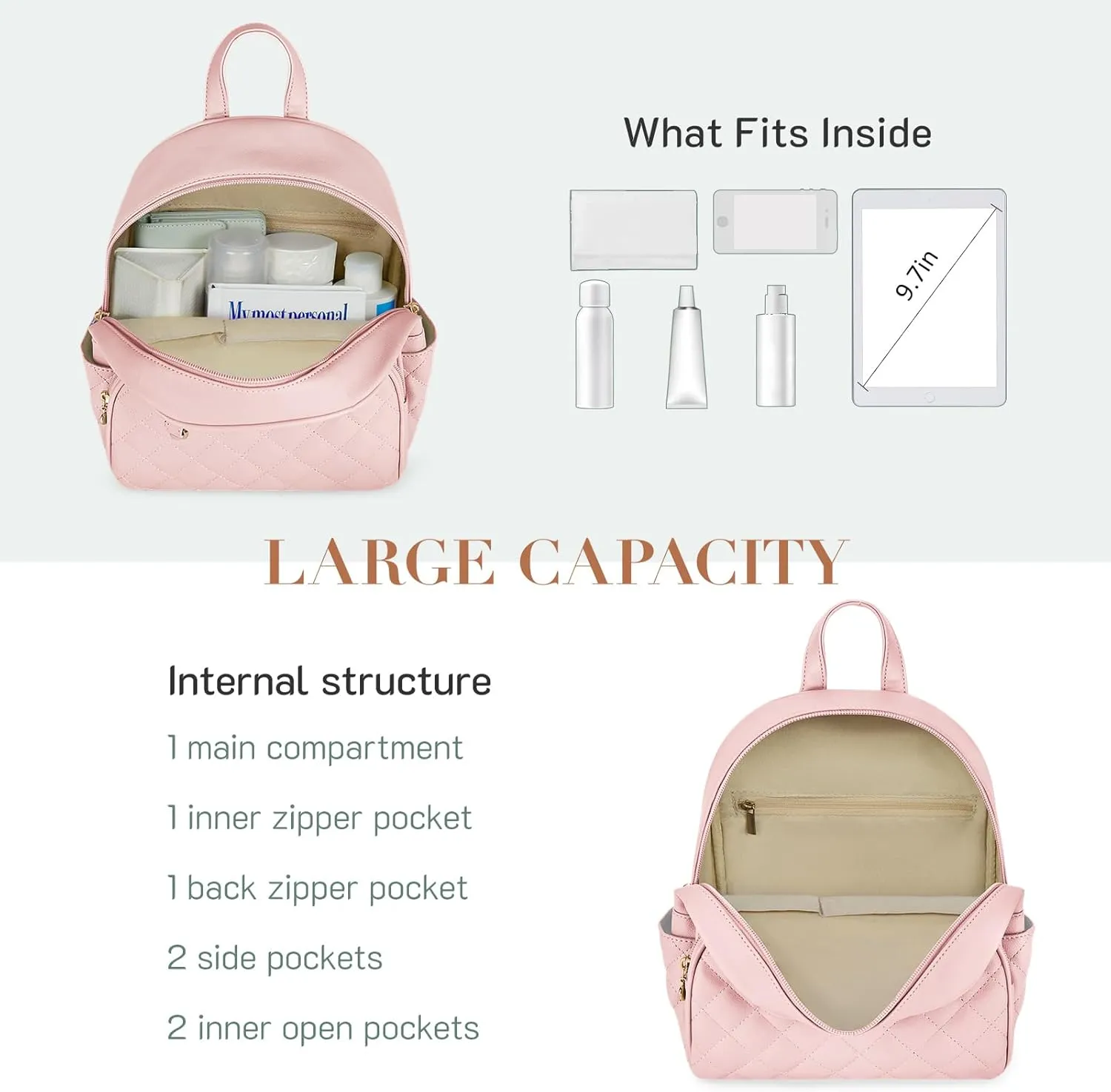 ECOSUSI Mini Backpack for Women Leather Small Backpack Purse for Ladies Cute Pom Bookbag Travel Shoulder Bag with Charm Tassel Pink