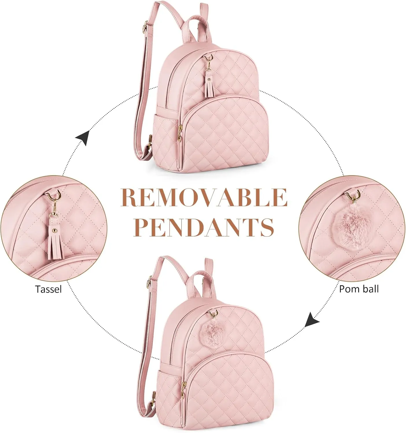ECOSUSI Mini Backpack for Women Leather Small Backpack Purse for Ladies Cute Pom Bookbag Travel Shoulder Bag with Charm Tassel Pink