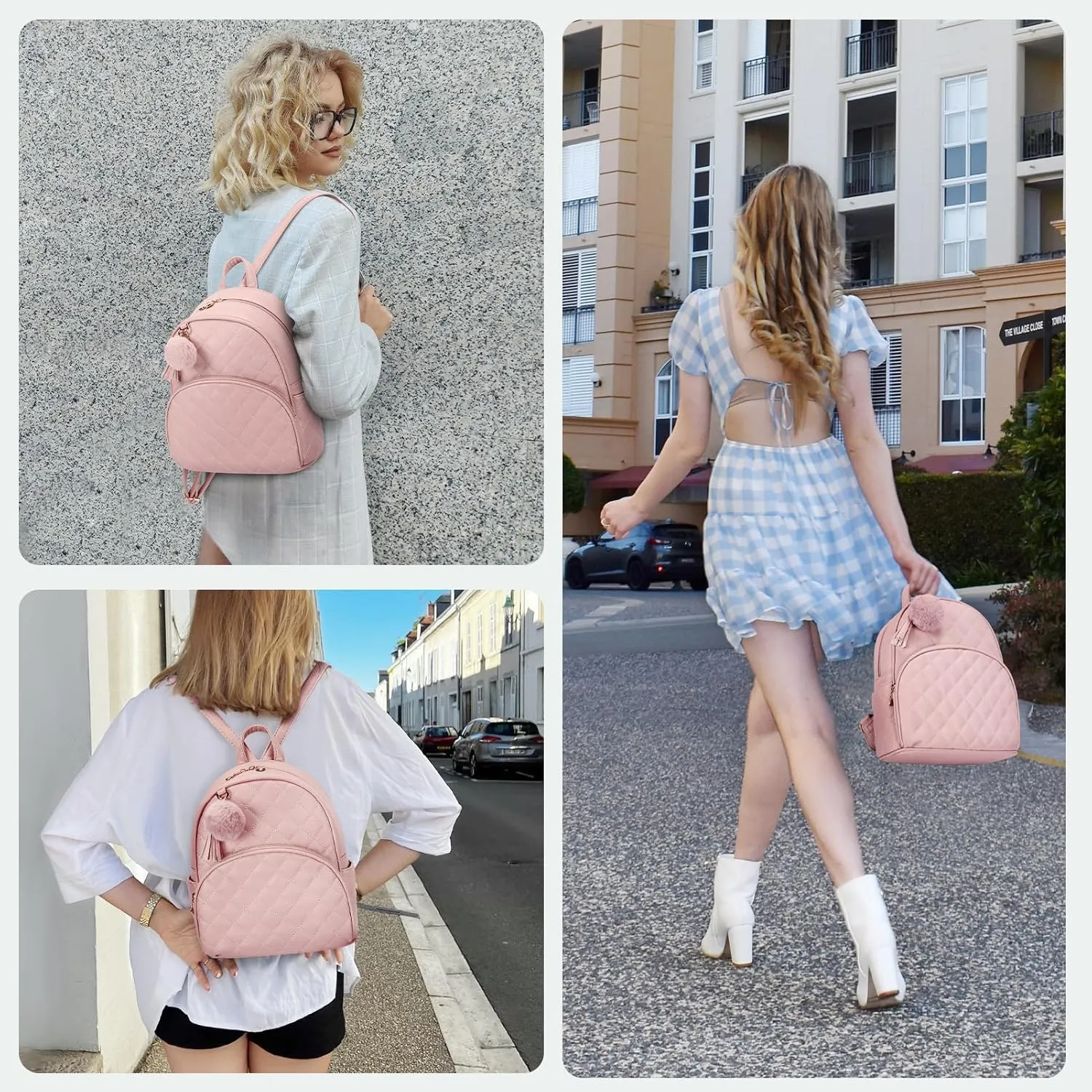 ECOSUSI Mini Backpack for Women Leather Small Backpack Purse for Ladies Cute Pom Bookbag Travel Shoulder Bag with Charm Tassel Pink
