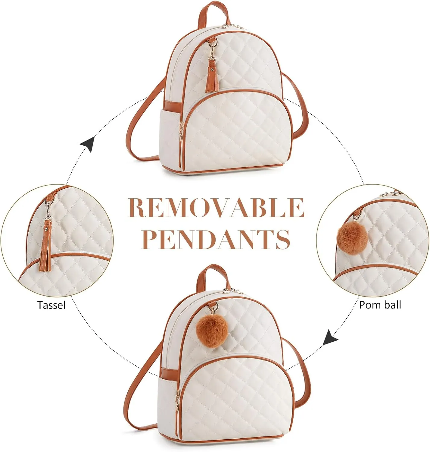 ECOSUSI Mini Backpack Women Leather Small Backpack Purse for Ladies Cute Pom Bookbag Travel Shoulder Bag with Charm Tassel
