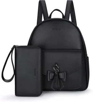 ECOSUSI Women Backpack Purse Water Resistant PU Leather Backpack Fashion Rucksack Ladies College Daypack with Tassel,2 Pcs
