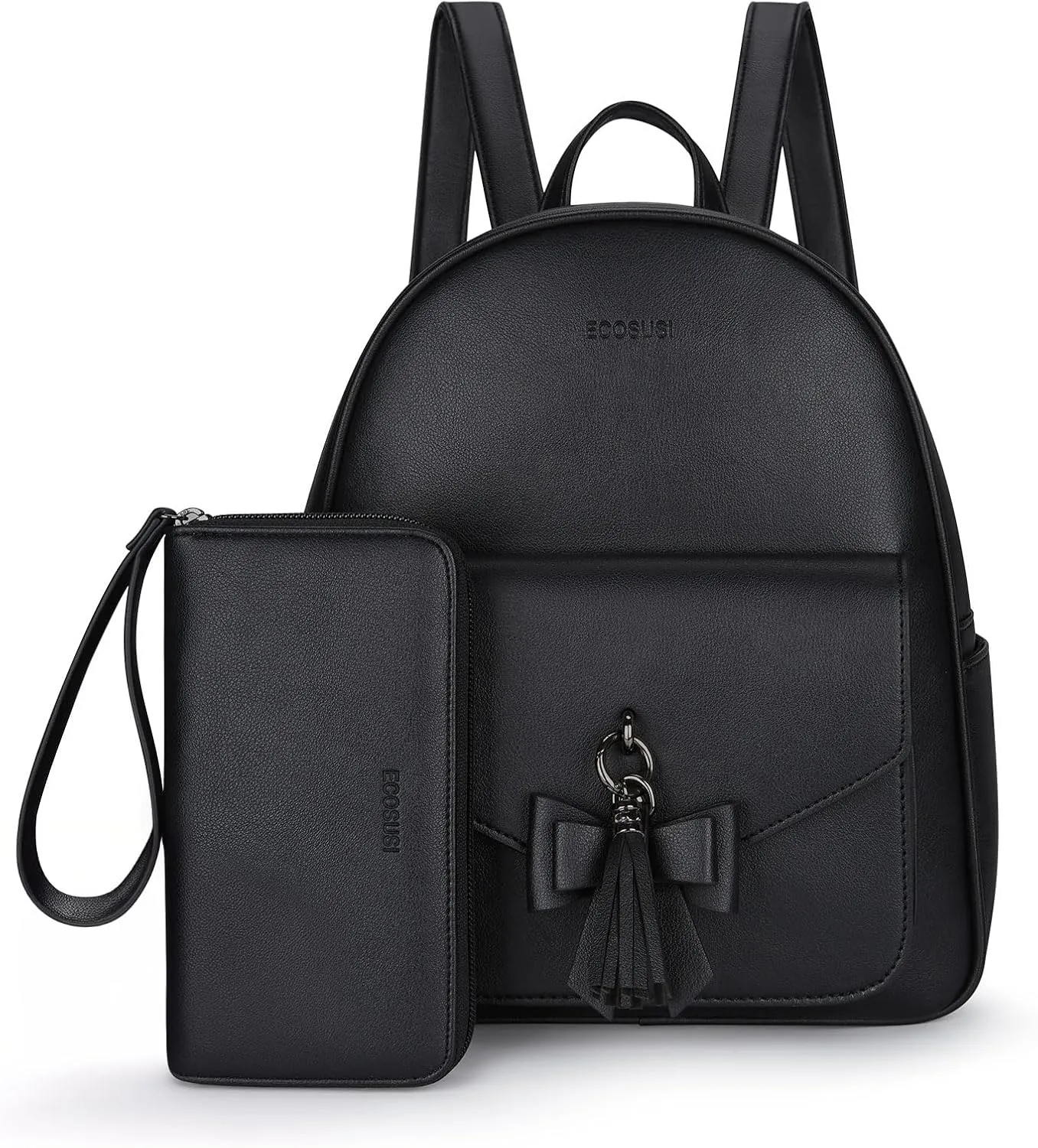 ECOSUSI Women Backpack Purse Water Resistant PU Leather Backpack Fashion Rucksack Ladies College Daypack with Tassel,2 Pcs