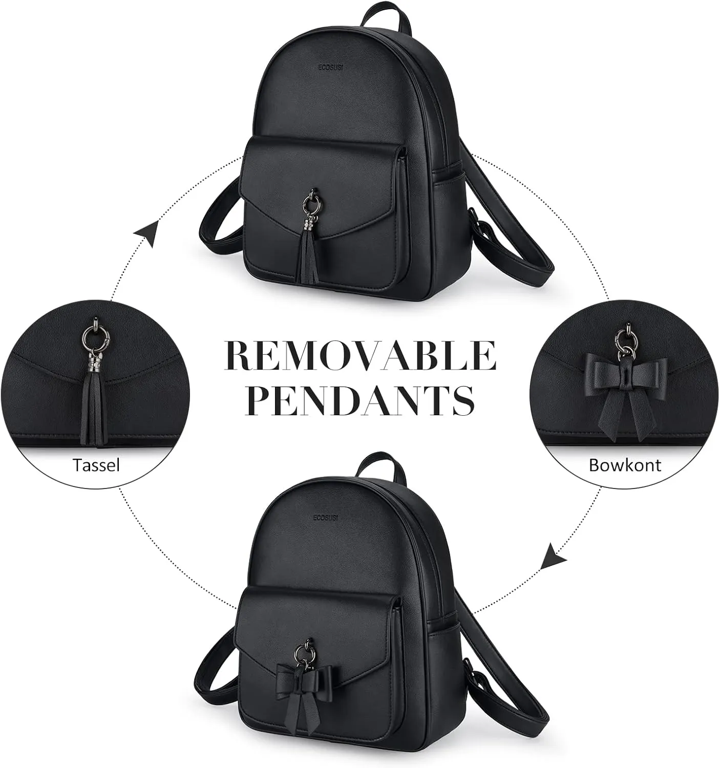 ECOSUSI Women Backpack Purse Water Resistant PU Leather Backpack Fashion Rucksack Ladies College Daypack with Tassel,2 Pcs