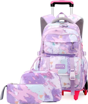 EKUIZAI Girls Trolley Backpack Set Cute Colorful Girls Rolling Backpack Middle School Trolley Schoolbag with Wheels